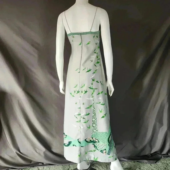 VINTAGE 1970s Crane Print Maxi Sun Dress S - Picture 4 of 12